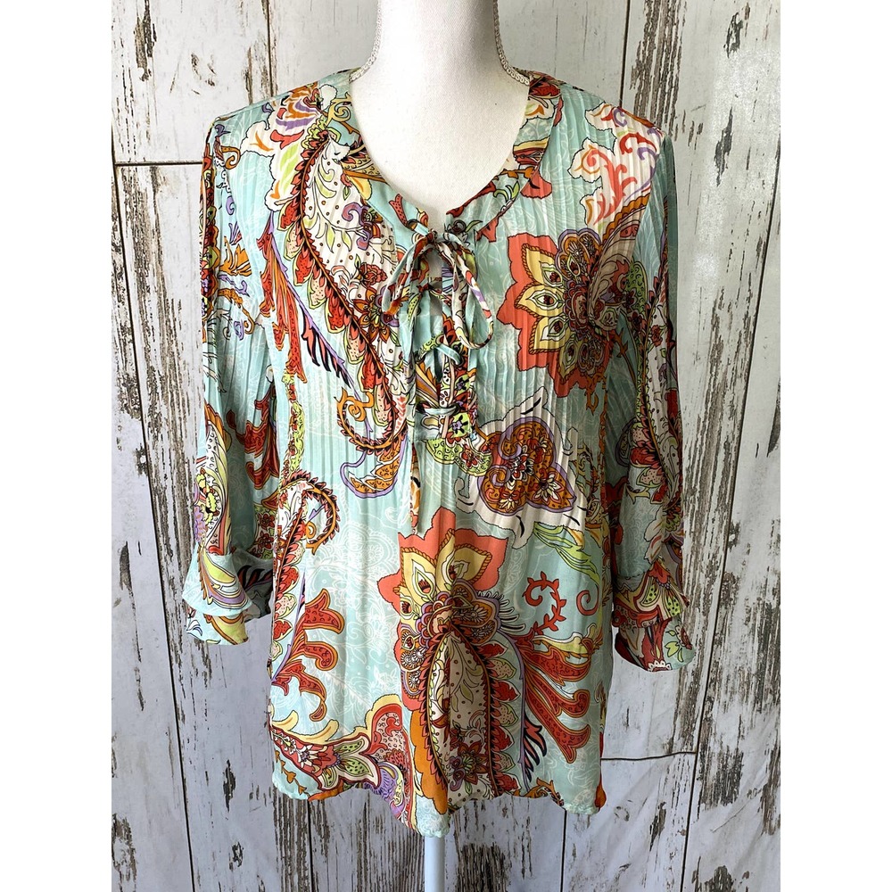 Melissa Paige Colorful Paisley Lace Up Bell Sleeve Blouse